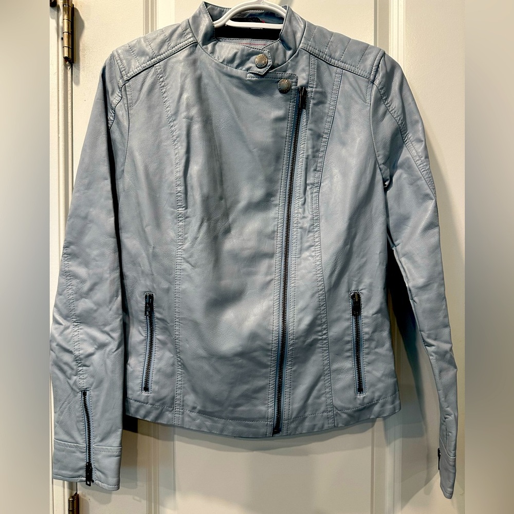 Tommy Hilfiger Like New Light Blue Faux-Leather Biker Jacket, Size S/P